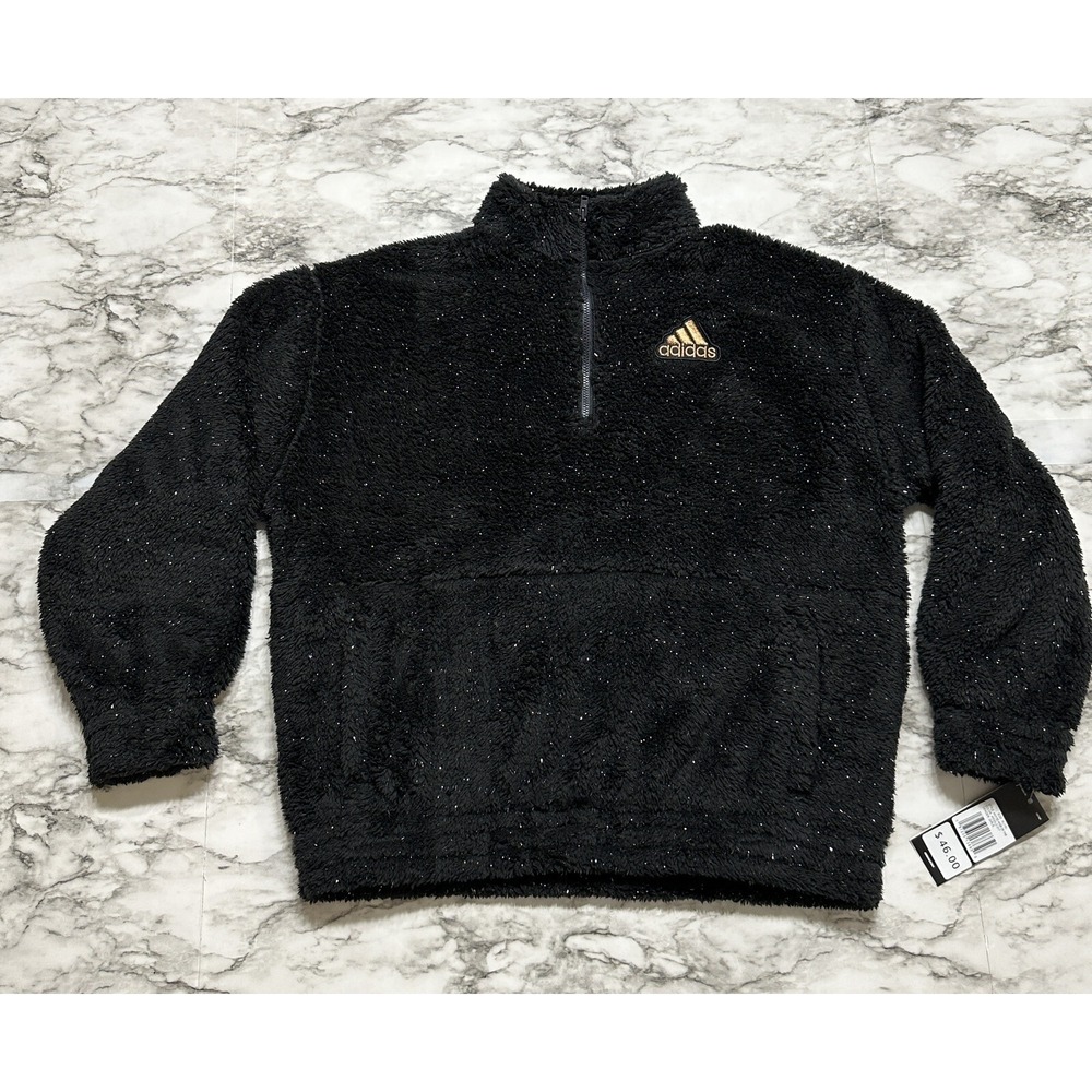Adidas Girls Sweater Size XL (16) Black Long Sleeve Mock Neck Furry Lurex NEW‎